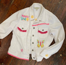 Load image into Gallery viewer, Ladies&#39; White Denim Jacket Hippie VIbes Size PL
